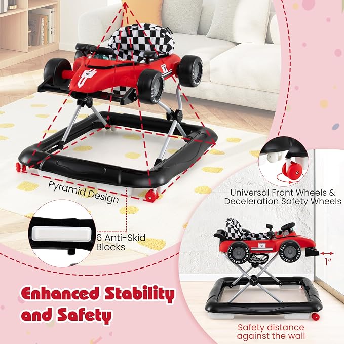 HONEY JOY Baby Walker, 4-in-1 Foldable Infant Activity Push Walker, Toddler Car Walker with Adjustable Heights, Music, Lights, Padded Seat, Baby Walker with Wheels for Boys Girls 6-18 Months (Red)