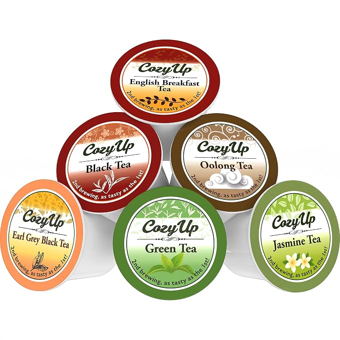 Cozy Up 36-Count 6 Flavors Variety Pack Tea Compatible with Keurig K-Cup Brewers, Including Green, Black, Jasmine, Earl Grey, English Breakfast, Oolong Tea