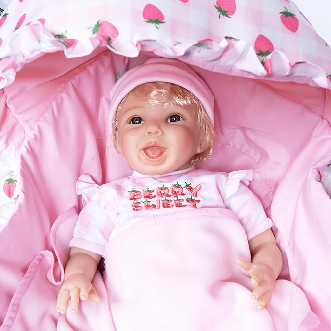 Paradise Galleries 20 Inch Realistic Reborn Blonde Baby Girl Doll with Strawberry Gingham Outfit and Blanket Accessories Collectible Gift Set – Summer Strawberry