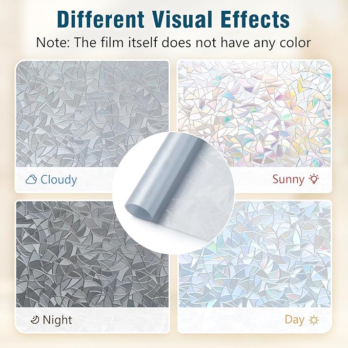 rabbitgoo Rainbow Window Privacy Film, Static Cling, Silver, 35.4" x 78.5" | Decorative Static Sticker, Non-Adhesive Reusable Window Tint, Heat Control UV Blocking Coverings for Home Doors, Living Room