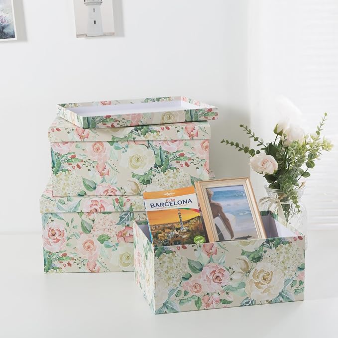 Soul & Lane - Blooming Rose Decorative Storage Boxes with Lids, Set of 3 | Large Nesting Cardboard Keepsake Boxes for Photos and Memories, Floral Photo Storage Containers for Home Decor