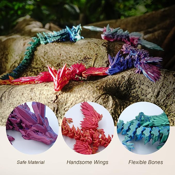 3D Printed Articulated Winged Dragon for Home Office Decor - Executive Desk Toy, Red Gold