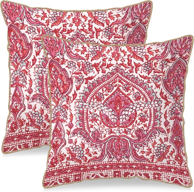 KSLIDS Pink Teal Flower Soft Velvet Throw Pillow Covers Set of 2 Boho Ethnic Red Foral Decorative Pillow Covers 16x16 Inch Bohemian Farmhouse Pillow Case for Sofa Couch Living Room Home Decor