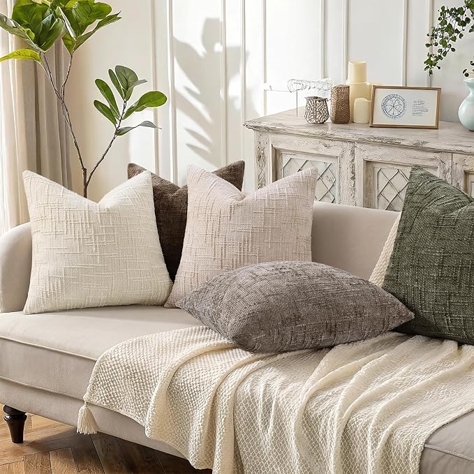 decorUhome Textured Chenille Throw Pillow Covers 24x24 Set of 2 Taupe | Fall Modern Farmhouse Soft Cozy Slubby Couch Pillow Cases Boho Decorative Pillow Cases for Bed Sofa Living Room Home Decor
