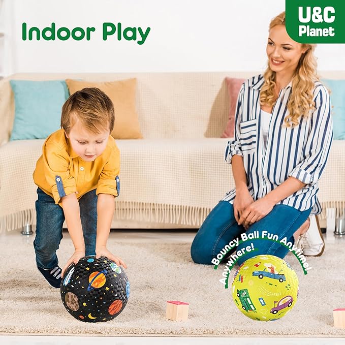 U&C Planet 2 Pack Playground Balls for Toddler Kids, 6 inch 8.5 inch Cartoon Rubber Balls with Pump, Dodgeball Kickball for Outdoor & Indoor Game, Great Gift for Boys Girls Aged 1 and Above