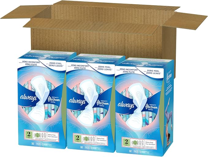Always Infinity Feminine Pads for Women, Flexfoam Pads with Wings, Size 2, Heavy Absorbency, Unscented, 96 Count (Pack of 2)