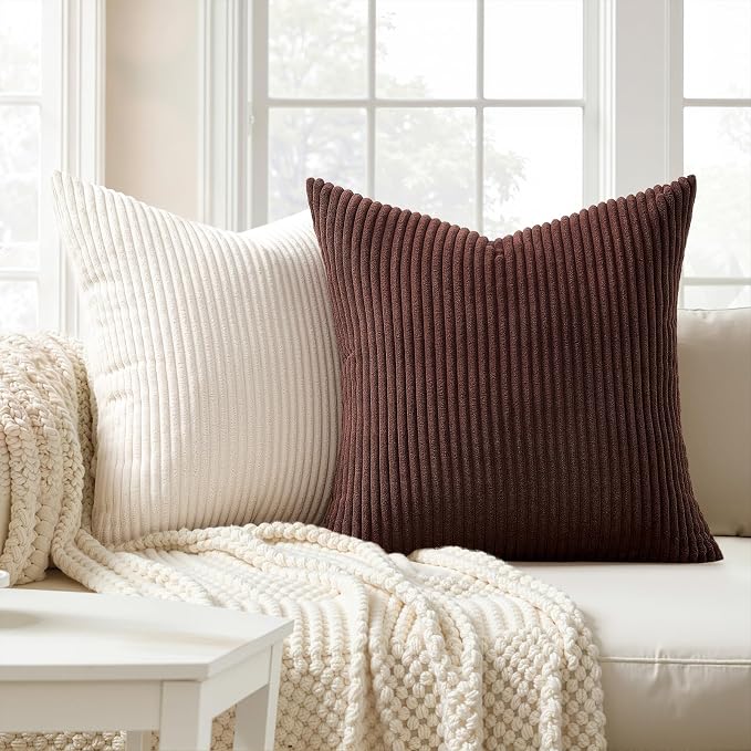 Topfinel Rustic Throw Pillow Covers 18x18 Inch Set of 4 Soft Farmhouse Corduroy Striped Decorative Cushion Cover Gold Brown Gradient Fall Pillow Case for Sofa Couch Living Room Bedroom