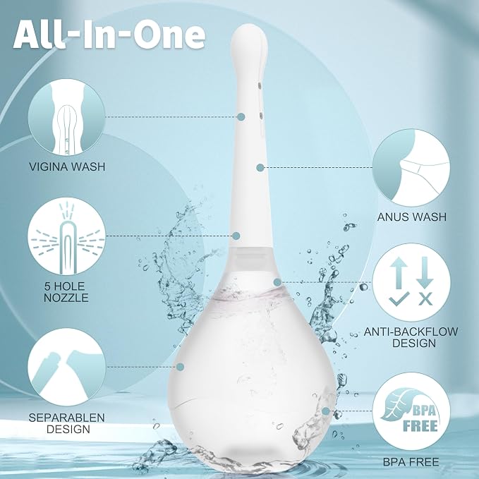 Enema Douche for Men & Women - Anti Back-Flow Anal Bulb with 5-Opening Spray Tip, 150ml Portable Kit for Personal Intimate Hygiene (White)