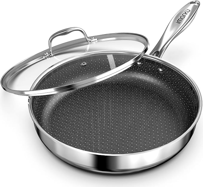 imarku 12-Inch Non Stick Frying Pan with Lid, Ceramic Coating | Stainless Steel Sauté Pan, 5.5 QT Skillet for Family Meals, Oven & Dishwasher Safe, Induction Compatible Cookware, PFOA Free