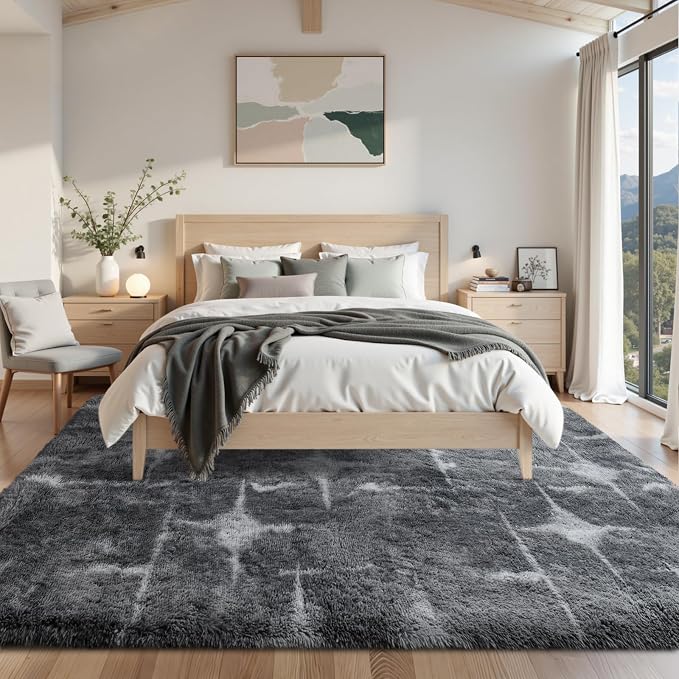 Area Rugs for Living Room 8x10 Feet, Soft Fluffy Shagg Plush Bedroom Rug Non-Slip,Large Carpet for Nursery Kids Dorm Home Decor Starlight Grey