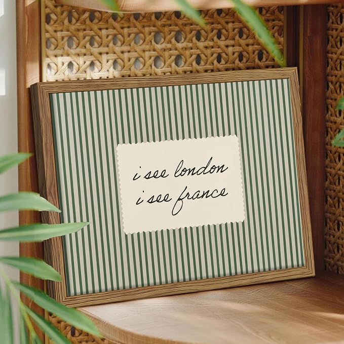 Vintage Quote Wall Art, I See London I See France Funny Bathroom Wall Decor Painting, Minimalist Green Striped Canvas Print Picture for Bathroom Bedroom Living Room 12x16 Inch Framed