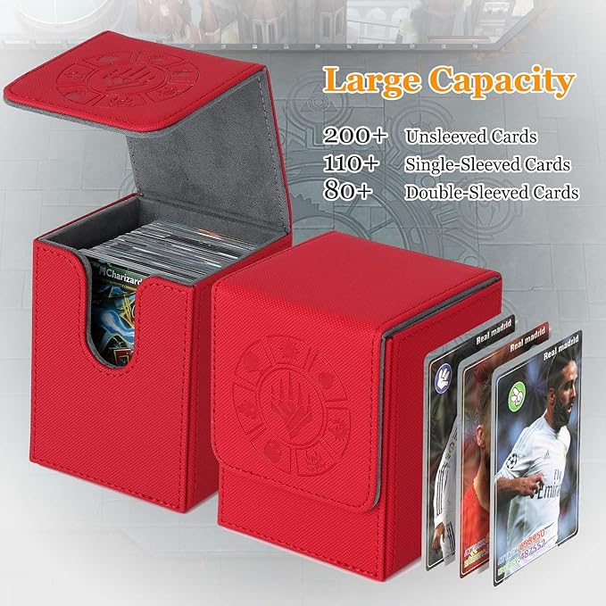 Arkeiliy Card Deck Box, 110+ Storage MTG Deck Box with 50 Pcs Card Sleeve, Collectible Trading Card Cases for Magic Commander and More (Red)