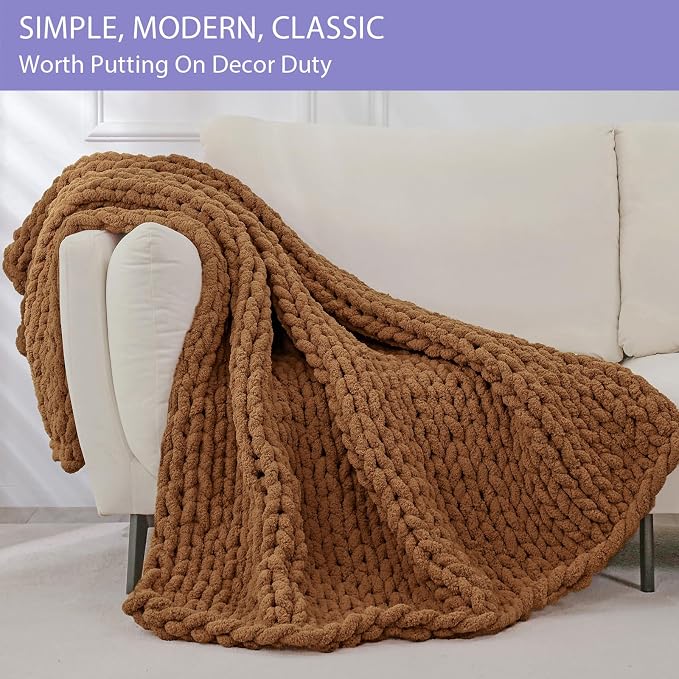 Bigacogo Chunky Knit Throw Blanket for Couch, 40x40 inches, Caramel | Hand Knit with Jumbo Chenille, Soft Breathable Cable Knit for Sofa Bed Living Room, Machine Washable, Gift for Mom Friend