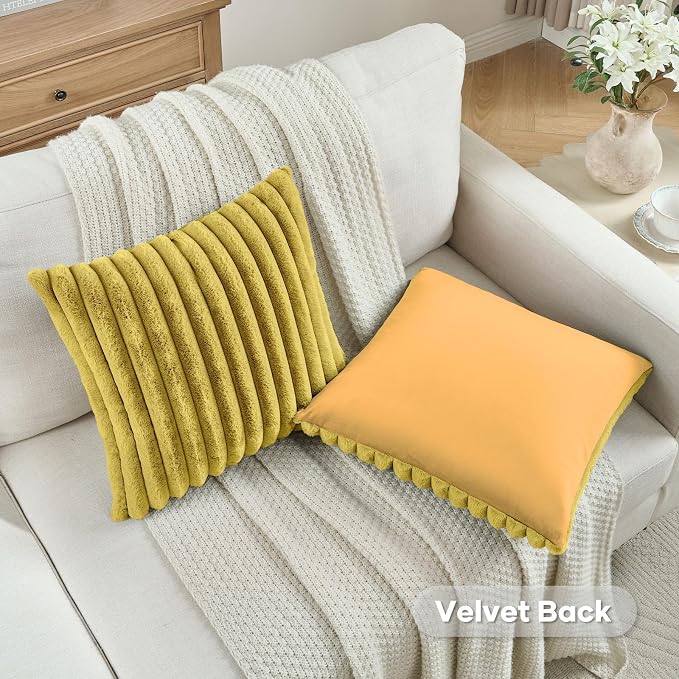 FUTEI Pack of 2 Faux Fur Throw Pillow Covers 12x20 Inch, Mustard Yellow | Fluffy Faux Rabbit Fur Front/Premium Velvet Back,Hidden Zipper,Machine Washable,Non-Shedding,Colorfast,Insert Not Included.