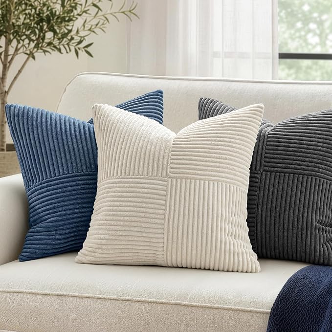 MIULEE Cream White Decorative Throw Pillow Covers for Couch 20x20 Inch | 2 Pack, Beige Neutral Boho Farmhouse Pillow Covers, Soft Cross Corduroy Patchwork Textured Cushion Cases For Bed Sofa