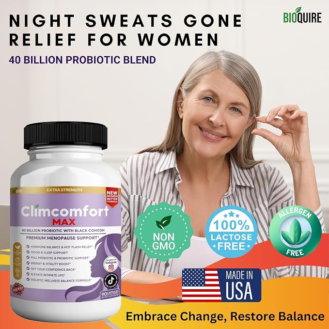 Climcomfort Max Menopause Support, 40 Billion Probiotic with Black Cohosh, 90 Capsules, Hormone Balance and Hot Flash Relief (3)