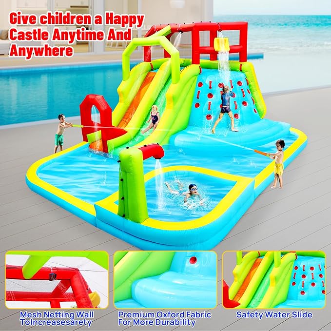 Inflatable Water Slide Park, Bouncy Castle with Deep Pool, 191 x 157.5 x 100 Inch, Jumping Castle with Air Blower