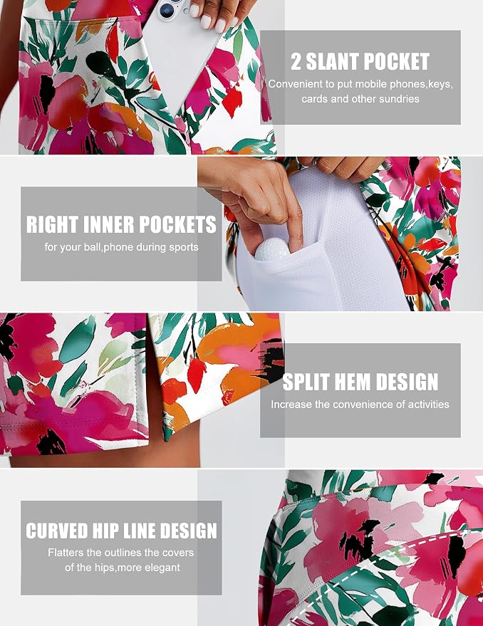 PINSPARK 20" Skorts for Woman Knee Length UPF 50+ Golf Skirts | 4 Pockets, Built-in Shorts, High Waisted, Split Hem, Silky-smooth, Moisture-wicking, for Golf Athletic Tennis Workout Casual