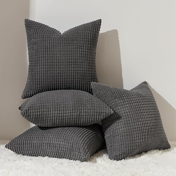 Topfinel 22x22 inches Euro Pillow Shams Set of 4 Soft Corduroy Decorative Throw Pillow Covers for Bedroom Living Room Boho Textured Striped Patchwork Couch Pillow Covers 55x55 cm Darkgrey
