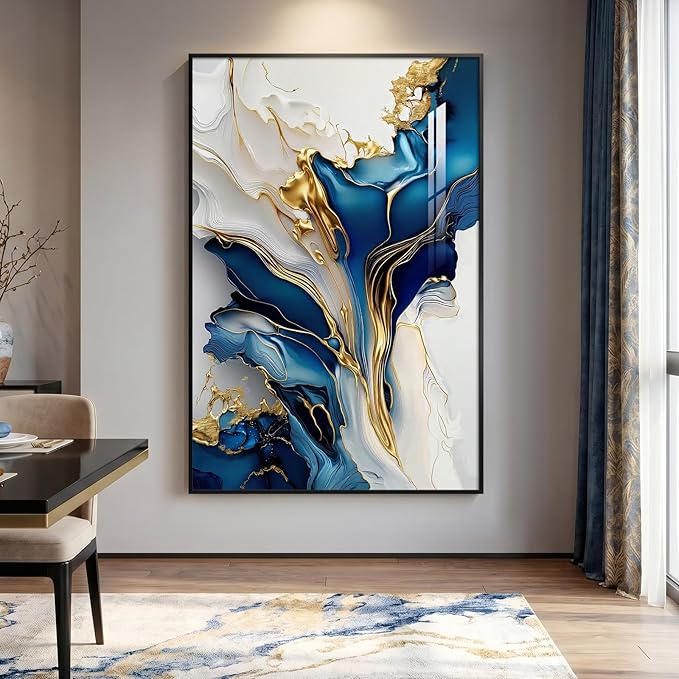 Extra Large Black Framed Gold and Blue Abstract Wall Art for Living Room, Vertical Modern Elegant Prints Painting Artwork for Walls, Contemporary Pictures Wall Decor for Bedroom and Office, 40x60 In