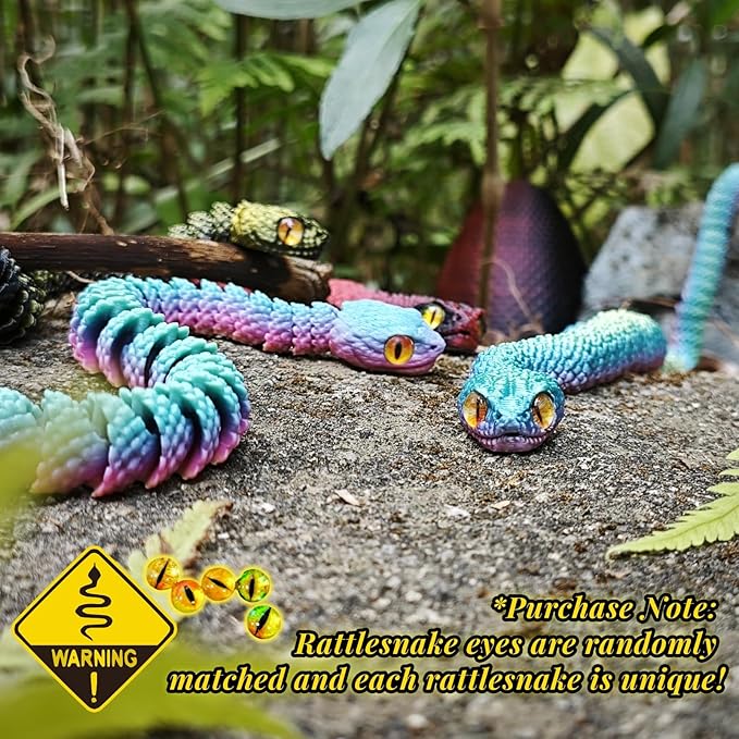 3D Printed Snake with Egg Set - 23.23Inch Rattlesnake with Luminous Tail, 3D Printed Animal with Snake Inside, Fake Snake Fidget Toys for Kids & Adults, Hallowen Decor (Rainbow Color)