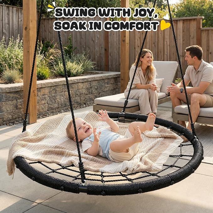 Trekassy 750lbs 40" Spider Web Saucer Tree Swing for Kids Adults, Outdoor Net Swing with Steel Frame and 2 Hanging Straps-Black
