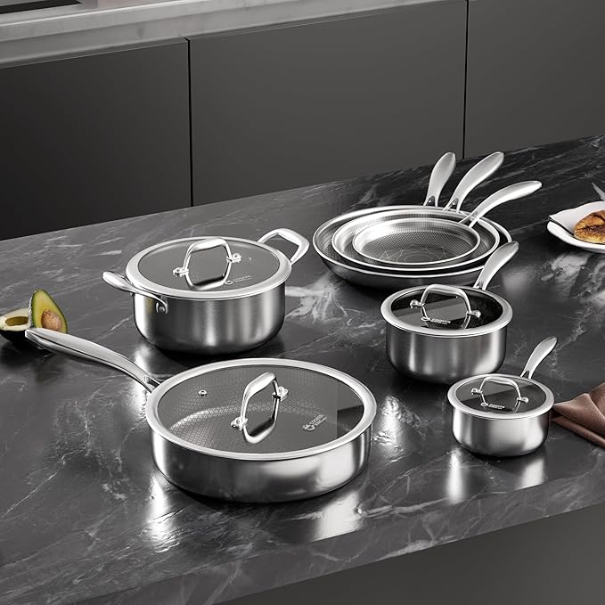 COOKER KING 11 Pcs Pots and Pans Set，Hybrid Stainless Steel Cookware Set | Non Stick, Non Toxic, PFOA Free, Oven Safe, Dishwasher Safe, Induction Compatible