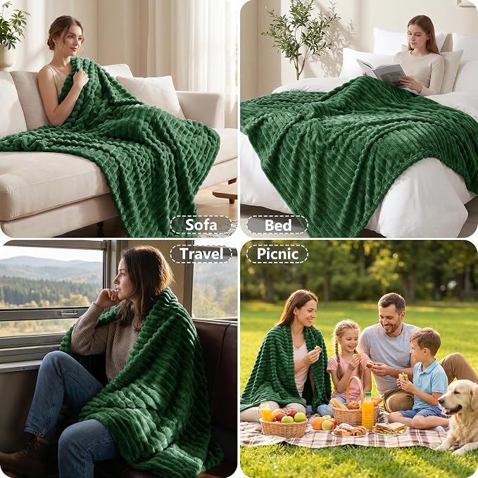 Dark Green Twin Blanket for Bed & Couch, 60 x 80 Inch | 300GSM Ribbed Fleece Blanket, Soft, Cozy & Lightweight, OEKO-TEX Certified, All-Season Use for Travel, Dorm & Home Decor