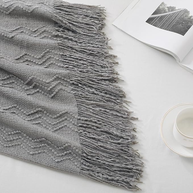 BOURINA Dark Grey Throw Blanket 50x60 Inch Knitted Soft Throw Sofa Blanket | Knitted Throw Blanket 50x60 Inches, Soft Lightweight Boho Weave Throw Decorative Couch Blanket for Living Room Bedroom Chair