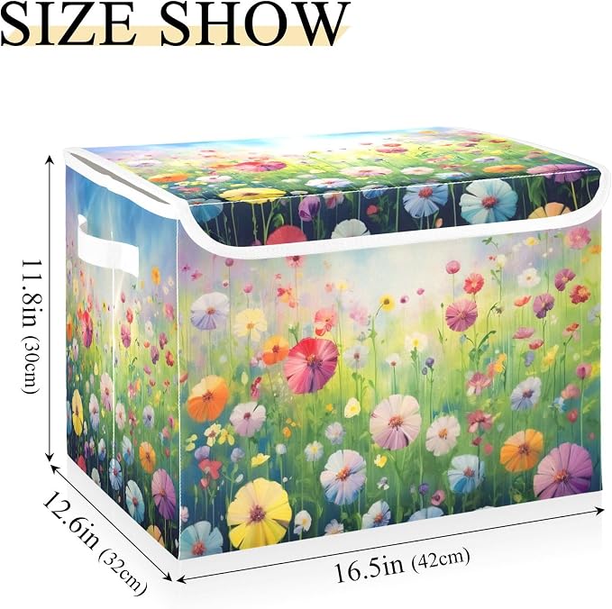 Colorful Flowers Storage Bins with Lids and Carrying Handle,Foldable Storage Boxes Organizer Containers Baskets Cube with Cover for Home Bedroom Closet Office