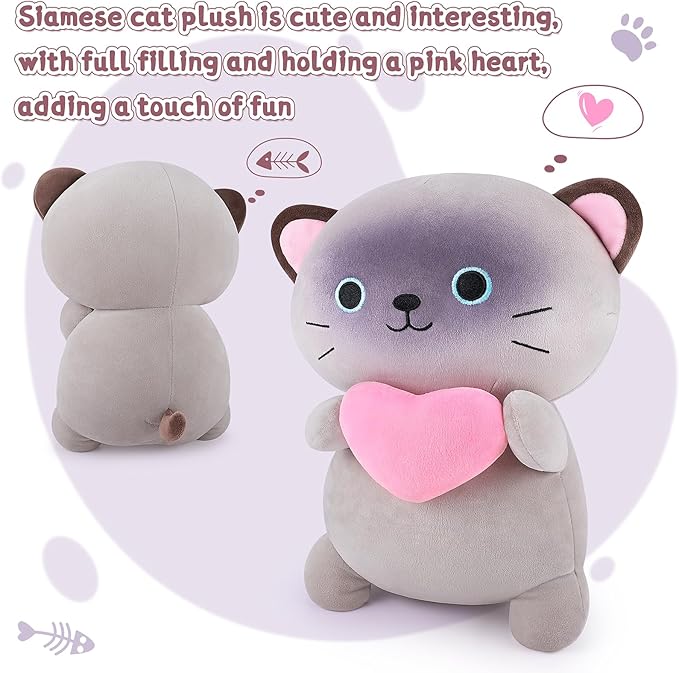 Achwishap Cat Stuffed Animal,Siamese Cat Plush with Love Heart,14” Siamese Cats Plush Toys,Cute Plushies Soft Cats Plushy Kawaii Plushie Huggging Pillow,Cuddly Animal Body Pillow for Kids Adults(Gray)