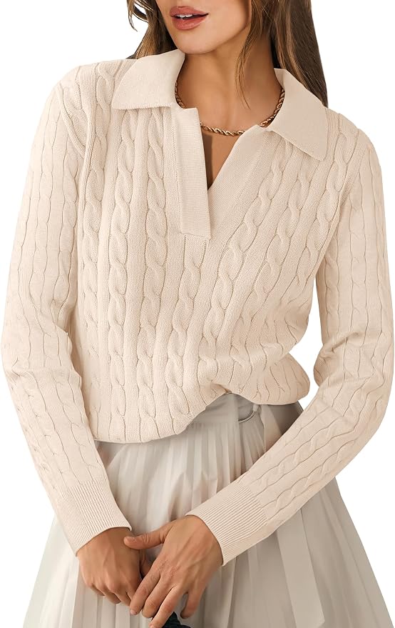 ANRABESS Womens Cable Knit Sweaters Long Sleeve V Neck | Pullover Collared Sweater Tops, Polo Knit Shirts, Business Casual Work, Tennis Golf, Fall Winter Fashion Outfits