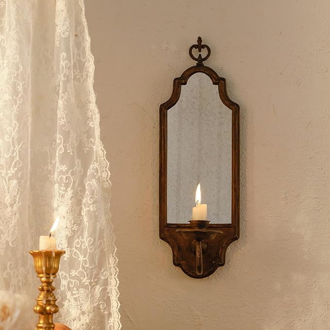 SOFFEE DESIGN Mirrored Wall Candle Holder - Antique Copper Sconce for Taper Candles, Elegant Hanging Decor