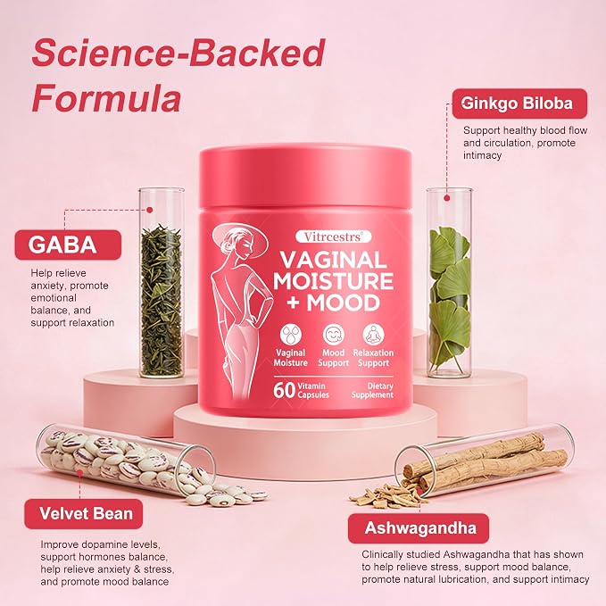 Vaginal Moisture Support Capsules, Support Vaginal Moisture, Mood & Relaxation for Women, Feminine Health Supplement for Vaginal Dryness with Ashwagandha, GABA, Ginkgo Biloba, Mucuna Pruriens, 60 Caps