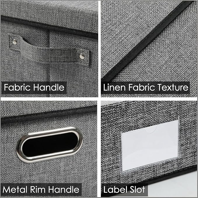 Storage Bins with Lids [3-Pack] Linen Fabric Foldable Storage Boxes Organizer Containers Baskets Cube with Cover for Bedroom Closet Office Grey(23.4X15.9X11.4)