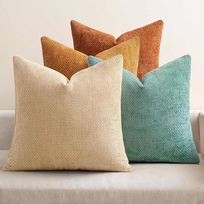 MIULEE Soft Decorative Chenille Fall Pillow Covers Beige Orange Teal 18x18 | Pack of 4，Rustic Home Decor, Retro Vintage Set, Couch Throw Pillows, Farmhouse Boho Cushion Covers for Sofa Bed Living Room