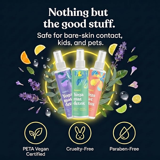 ASUTRA Yoga Mat Cleaner Spray Variety Pack (Lavender, Eucalyptus, Citrus), 4 fl oz Each (Pack of 3) - No Slippery Residue, Organic Essential Oils, Deep-Cleansing for Fitness Gear & Gym Equipment