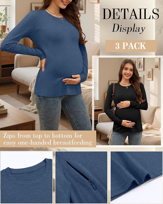 3 Pack Nursing Tops for Breastfeeding Maternity Shirts Zipper Long Sleeve Round Neck Knit Casual Nursing Clothes
