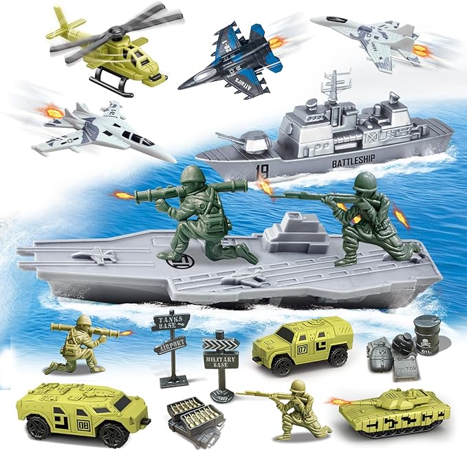 Army Men Playset, Army Men Action Figures, Kids Army Toys for 4-7, 6-8, 8-12, Toy Armored Vehicle, Battle Mat, Warships,Tanks,Aircraft Military Toys Set for Boys Birthday for Ages 3+