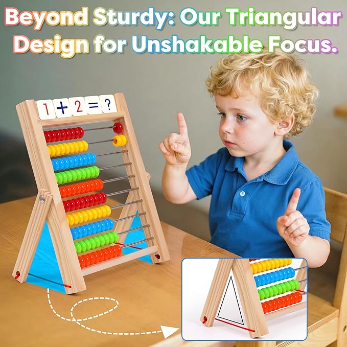 Wooden Abacus for Kids Math, Counting Toys for Toddlers Montessori Counters Beads Tools Preschool Homeschool Essentials with Sticks and Number Alphabet Cards