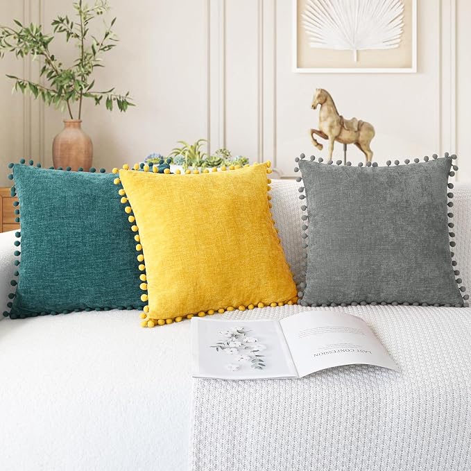 CaliTime Decorative Couch Throw Pillow Covers 20 X 12 Inches Teal | Pack of 2, Cozy Chenille Cushion Cases, with Pom Poms for Sofa Bed Living Room Farmhouse Home