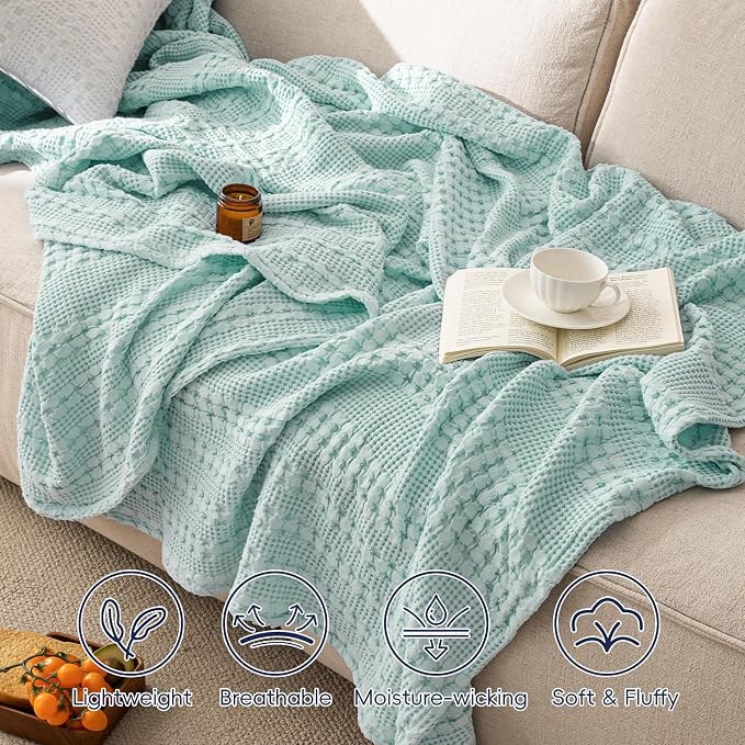 PHF 100% Cotton Waffle Weave Blanket King Size, Lightweight Breathable Summer Blanket for Hot Sleepers, Pre-Washed Soft Layer for Bed, Couch, Home Decor Gift, 108"x90", Mint