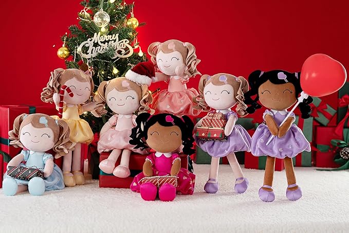 Gloveleya Personalized Baby Doll – Custom Name Rag Doll with Curly Hair & Purple Heart Dress | Birthday Gift for Girls Toddlers Kids | Soft Keepsake Plush Toy 16"