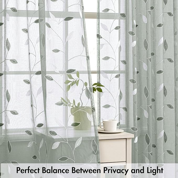 MIULEE Sage Sheer Curtains 2 Panels Embroidered Leaf Patterned Rod Pocket Floral Semi Sheer Faux Linen Window Curtains Drapes Set for Living Room Bedroom Dining Room, 52x96 Inches Long