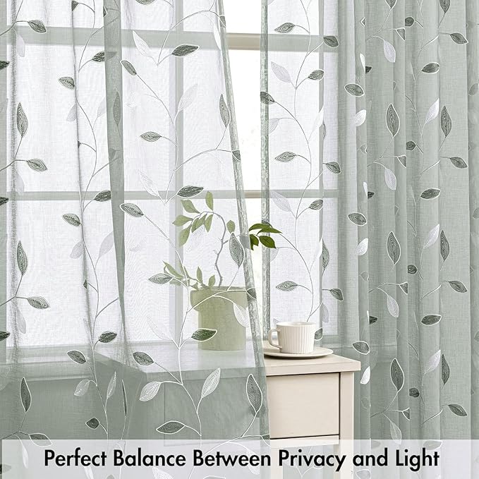 MIULEE Sage Sheer Curtains 2 Panels Embroidered Leaf Patterned Rod Pocket Floral Semi Sheer Faux Linen Window Curtains Drapes Set for Living Room Bedroom Dining Room, 52x63 Inches Long