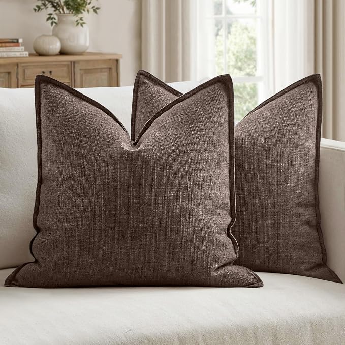 MIULEE Thick Textured Euro Sham Throw Pillow Covers 26x26 Inch Dark Brown | Set of 2, Decorative Linen Blend Pillow Cover, Flange Edge Design, Farmhouse Modern Boho Style, Bed Couch Living Room Decor