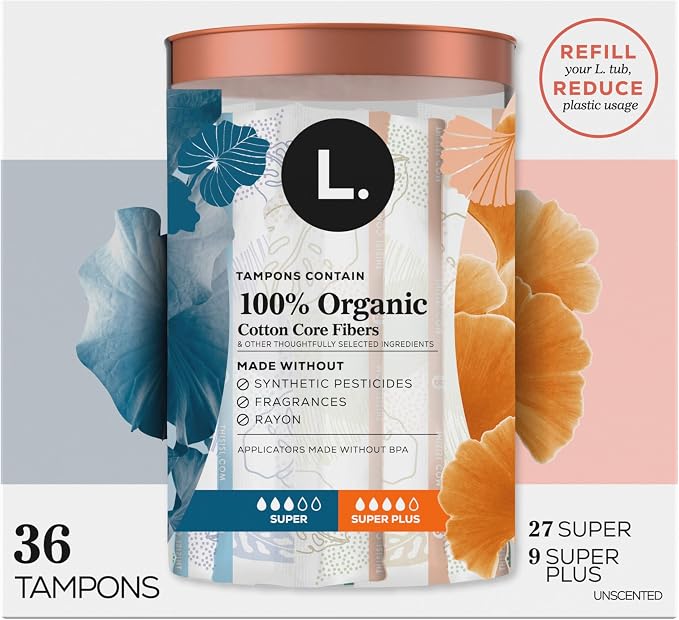 L. Tampons, Made with Organic Cotton, Super/Super Plus Absorbency, Multipack, Made Without Synthetic Pesticides, Rayon or Fragrances, Applicator Made Without BPA, Leak-Stopping Design, 36 Count