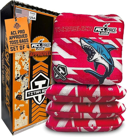 Titan Bags Thrasher Cornhole Bags - 6"x6" ACL PRO Approved Tournament-Grade, Durable Dual-Sided for Precision Shots, All-Weather Power Grip Pellets for Indoor & Outdoor Tossing - Set of 4