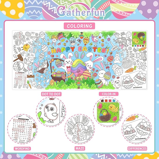 Gatherfun Easter Party Activity Poster - 31.5 x 72 Inches, Happy Easter Party, Versatile Paper Coloring Banner/Table Cover for School Parties and Special Events Decoration