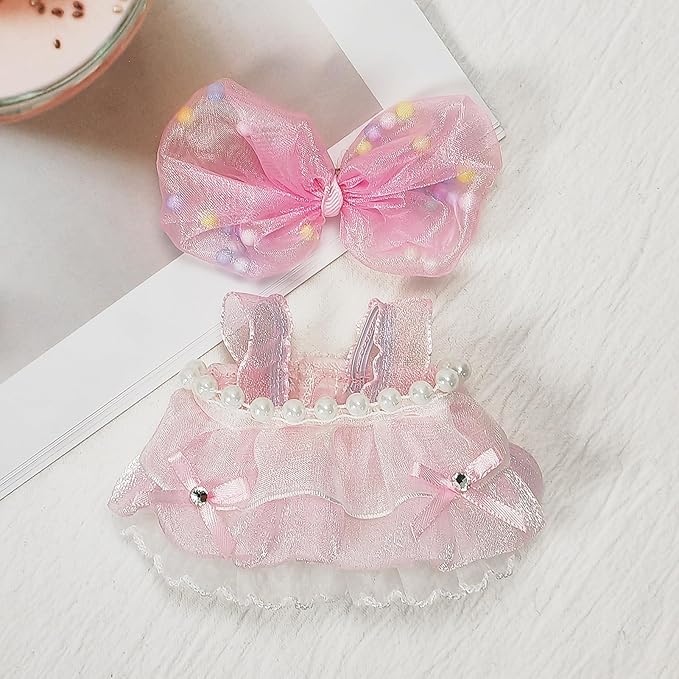 Doll Clothes – Girly Dreamy Outfit for 17cm LBB, Featuring a Layered Pink Tulle Dress with Pearl Details and a Bow Headpiece – Doll Not Included